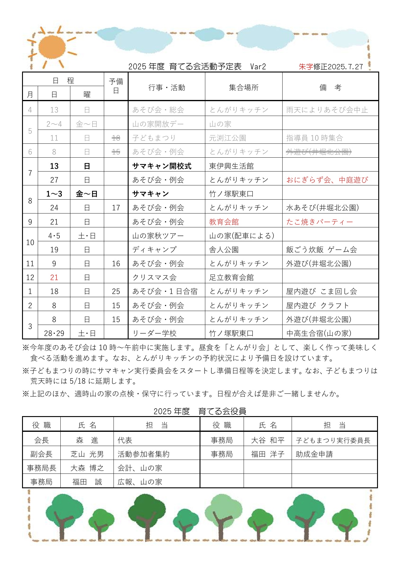山の家だよりNo.229-2(活動予定表2)